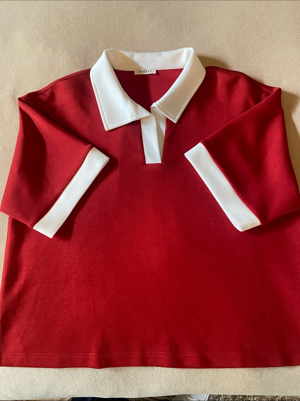 JODIFL Red Split Neck with White Collar and Cuffs